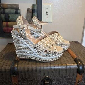 Steve Madden Cream Beaded Wedge Sandals